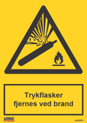 Skilt "Trykflasker fjernes v/brand"