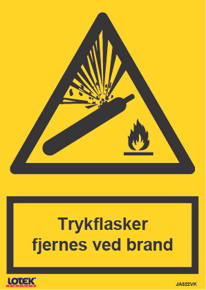 Skilt "Trykflasker fjernes v/brand"